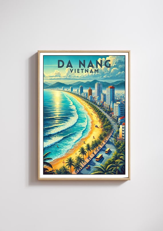 Da Nang Vietnam Golden Beach City Skyline Vintage Travel Poster