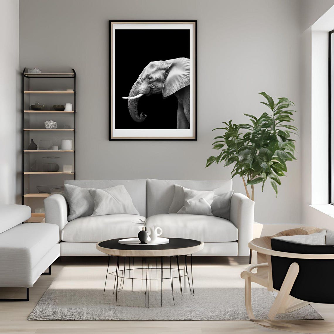 Black and White Elephant Profile Photo Minimalist Wildlife Poster - Image 2