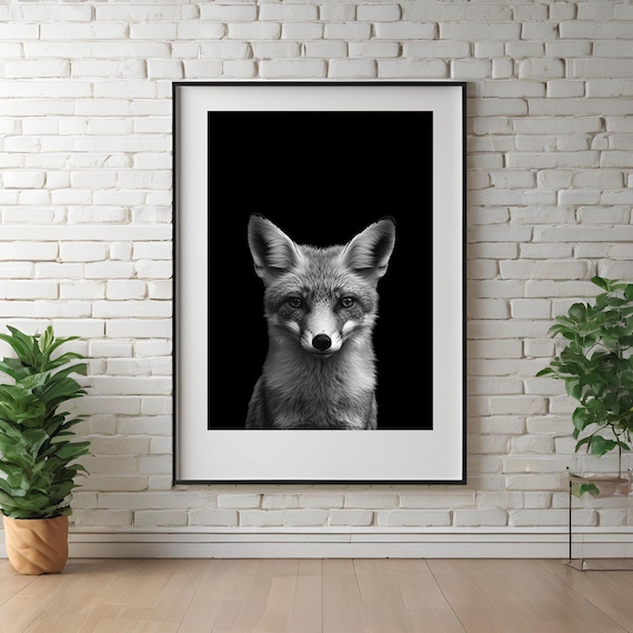 Black and White Fox Portrait Stunning Minimalist Wildlife Poster