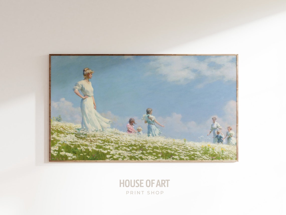 Frame Tv Art 4k Vintage Portrait Of A Family In A Field Oil Painting Playing Summer Sun Artwork Dreamy Blooming Lawn Kids - Image 3