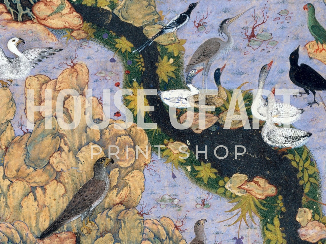 Persian Miniature Birds Falcon Heron Parrot Stream Art Poster - Image 2