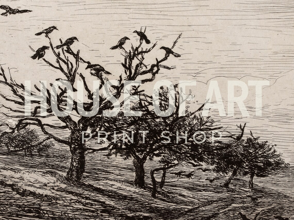 Tree With Crows, Vintage Moody Landscape Art Print - Image 3