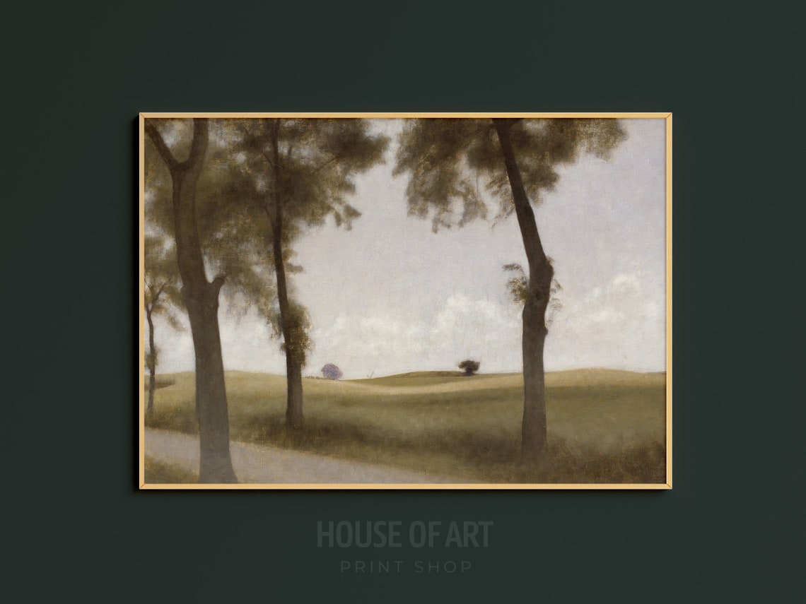 Danish Landscape Oil Painting Cornfields With Scattered Trees Muted Colors Calming View Impressionist Print Moody Wall Art - Image 3