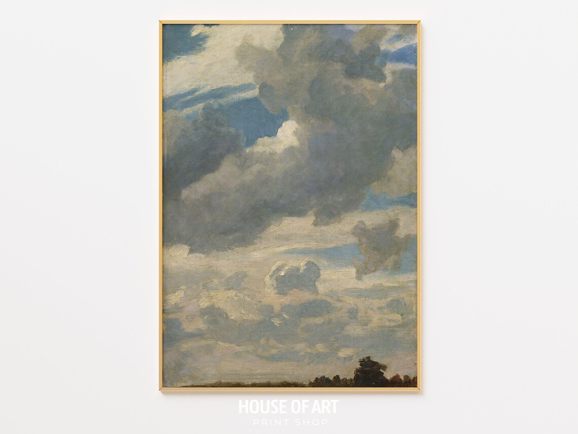 Stormy Cumulus Clouds Blue Sky Vertical Vintage Oil Painting Art Print