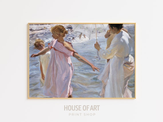 Family Beach Day Painting Beachy Wall Art Mother Child Art Vintage Painting Coastal Wall Art Impressionism Print Wall Art