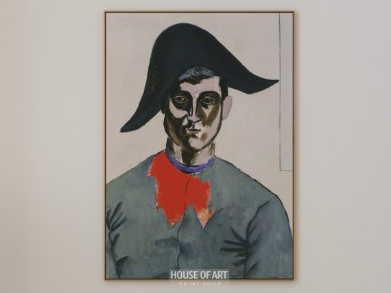 Harlequin Art Modernist Bold Male Portrait Instant Print Man With Black Hat Oil Painting Contemporary Face