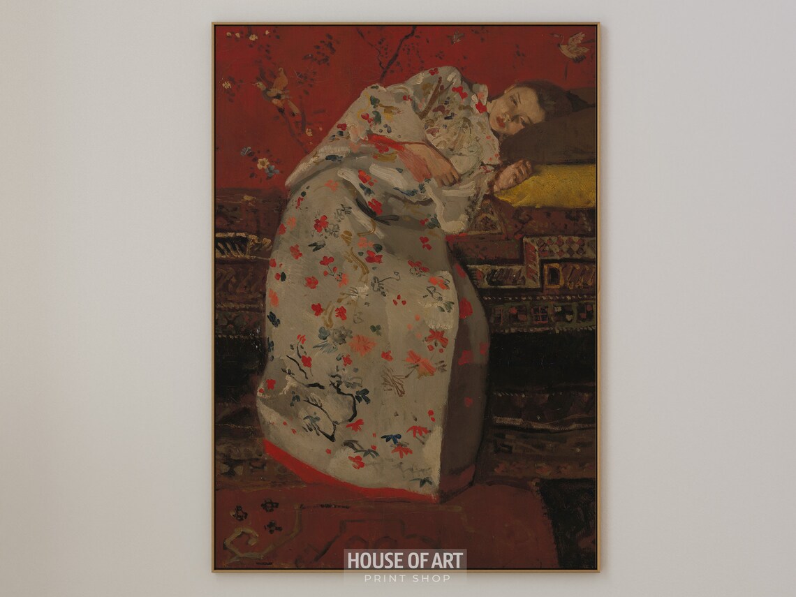 Girl White Floral Kimono Reclining Red Background Vintage Portrait Poster - Image 3
