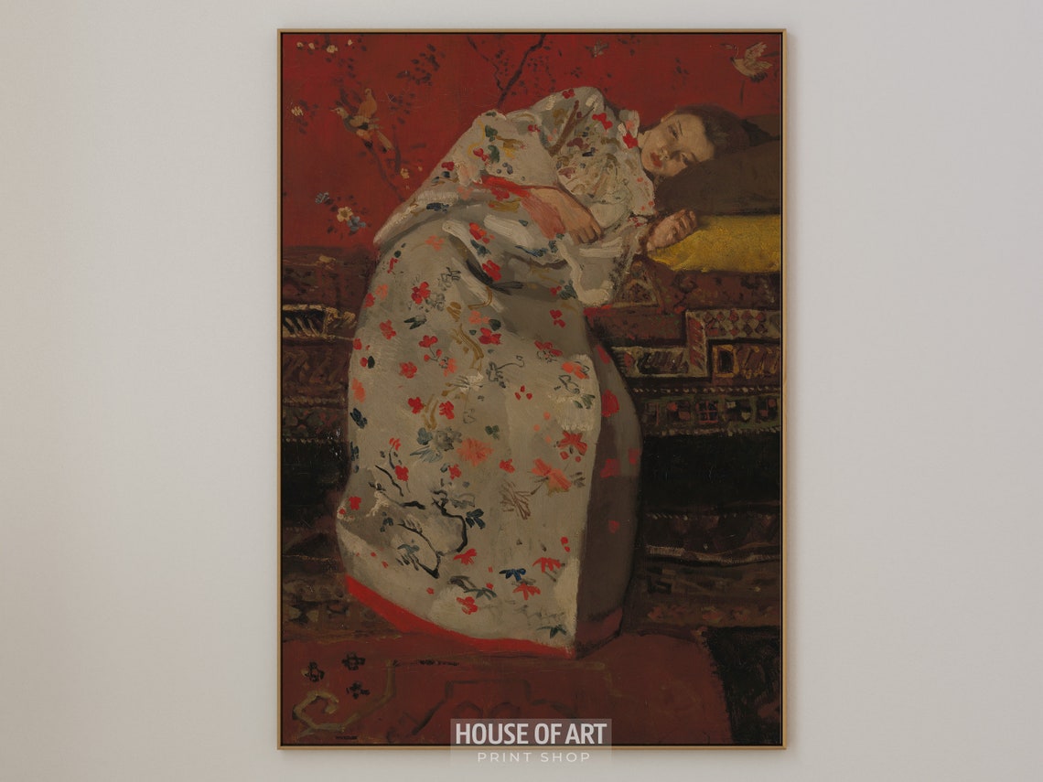 Moody Woman Portrait Painting Girl In White Kimono Muted Vintage Print Antique Young Woman Portrait Art Neutral Wall Art - Image 3