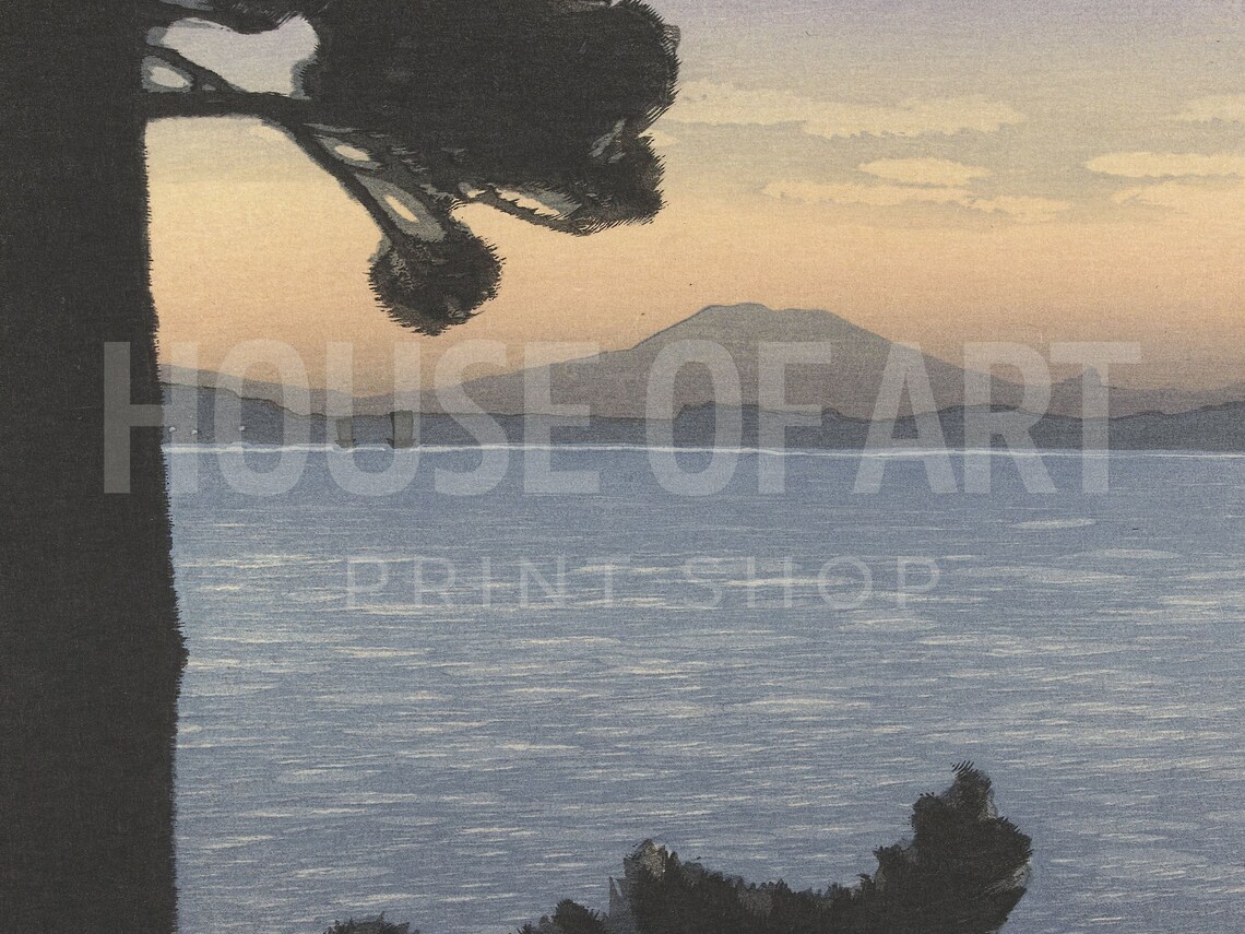 Mount Fuji Sunset Lake View Pine Silhouettes Japanese Woodblock Poster - Image 2