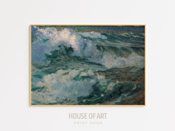 Impressionist Ocean Wave Crashing Foamy Blue Sea Painting Wall Art Poster
