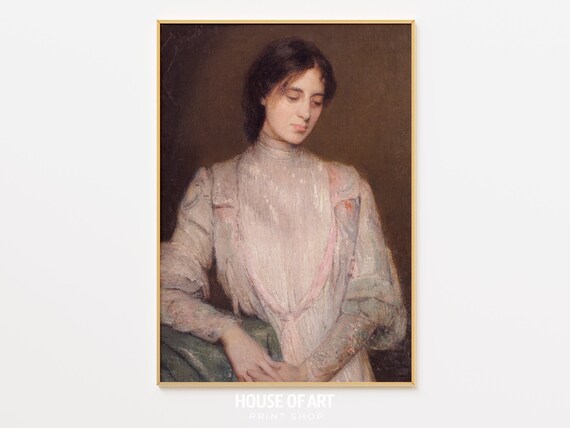 Vintage Portrait Young Woman Pale Pink Dress Soft Gaze Oil Painting Poster