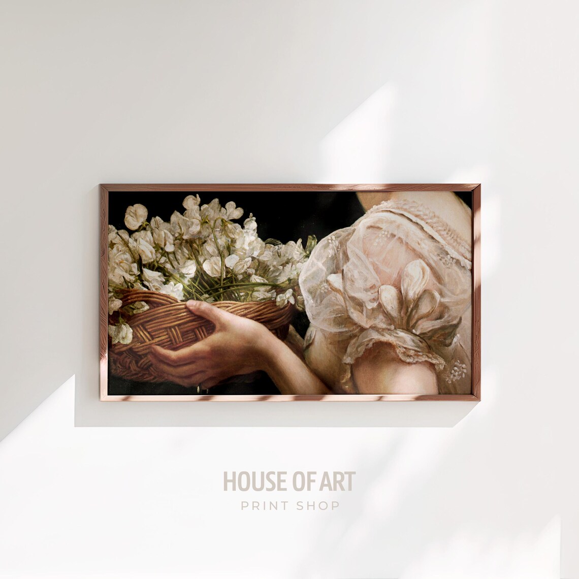 Woman Holding Basket Of White Flowers Vintage Floral Art Wall Print - Image 2