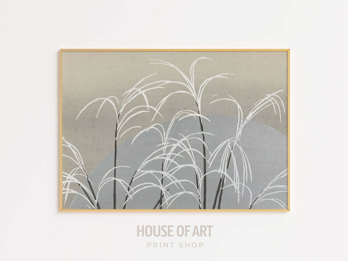 Japanese Moonlit Snowy Grasses Vintage Woodcut Minimal Wall Art Print