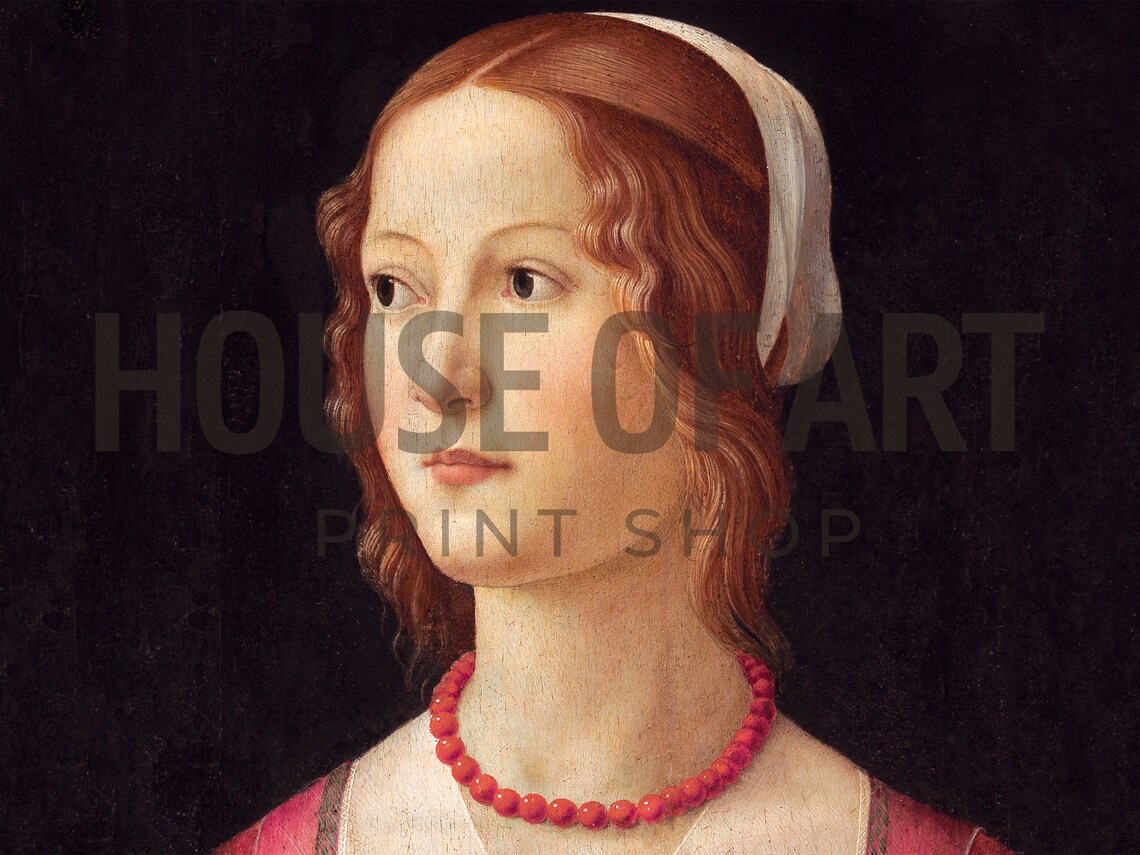 Renaissance Young Woman Red Bead Necklace White Veil Vintage Portrait Print - Image 2