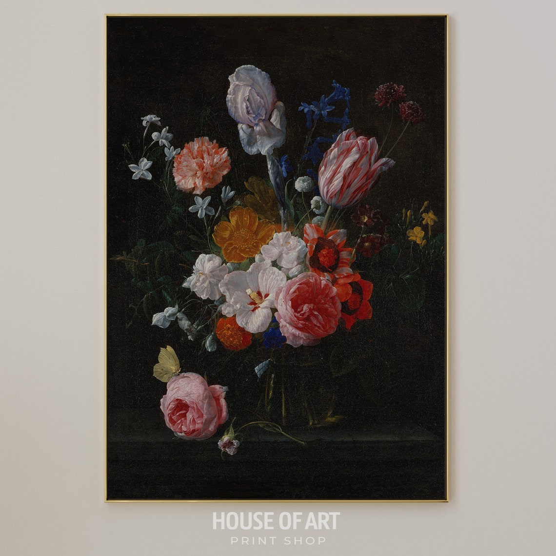 Bouquet Of Flowers Oil Painting Floral Still Life Realistic Artwork Flemish Baroque Painting Moody Romantic Art Wall Art