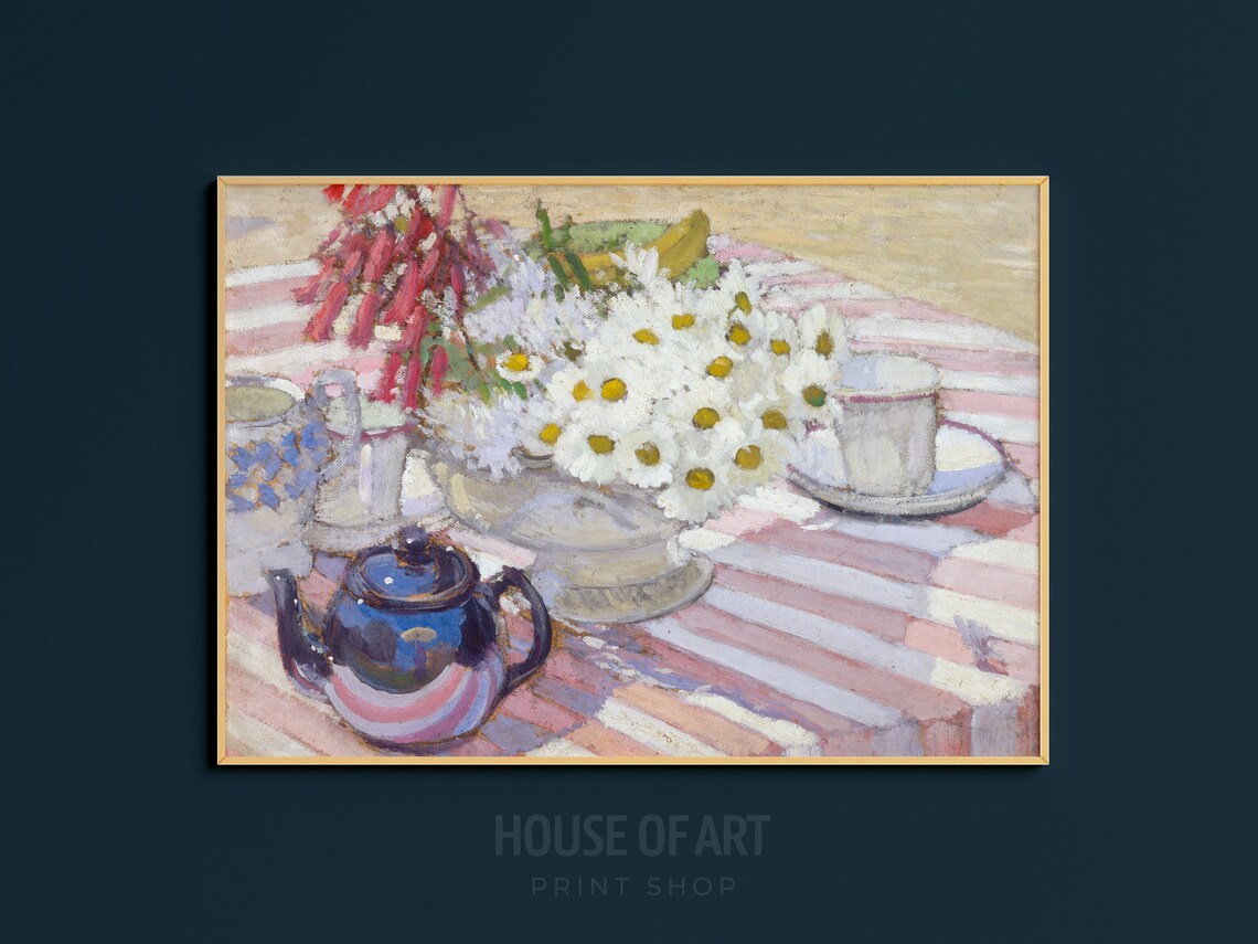 Daisies Blue Teapot Pink Striped Tablecloth Bright Still Life Poster - Image 3