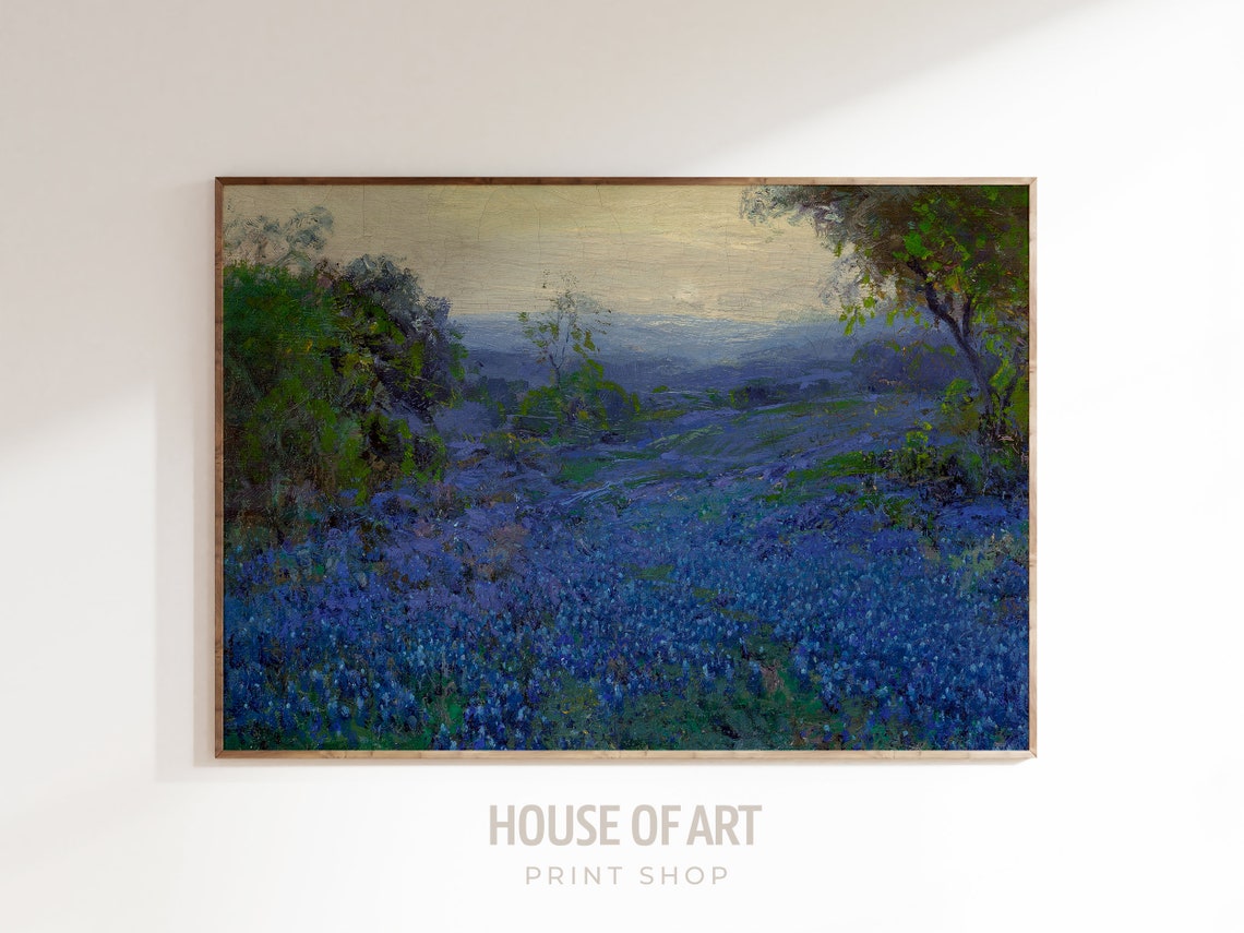 Meadow Landscape Painting Bluebonnet Field Vintage Country Landscape Print Wildflower Landscape Farmhouse Decor Country Field Wall Art