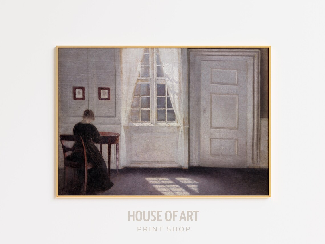 Moody Danish Interior Woman by Window Sunlit Room Vintage Painting Poster - Image 3