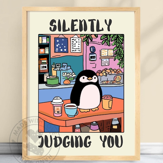 Silently Judging You Penguin At Cafe Counter With Coffee Poster