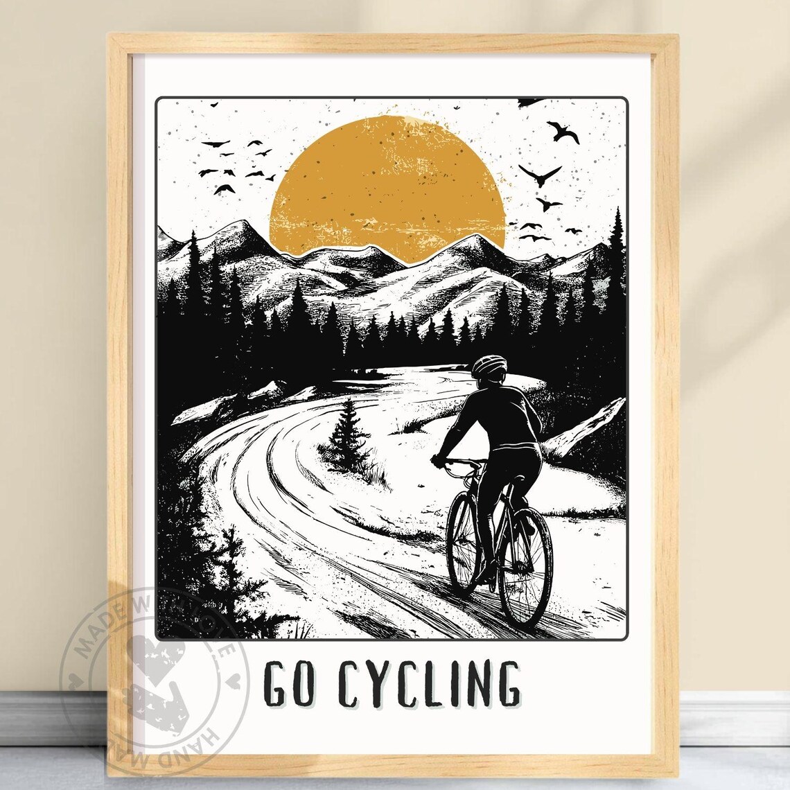 Vintage Go Cycling Black White Gold Mountain Road Cyclist Poster