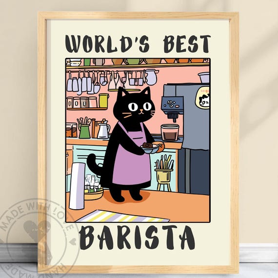 Funny Cat Barista Poster Quirky Coffee Lover Gift