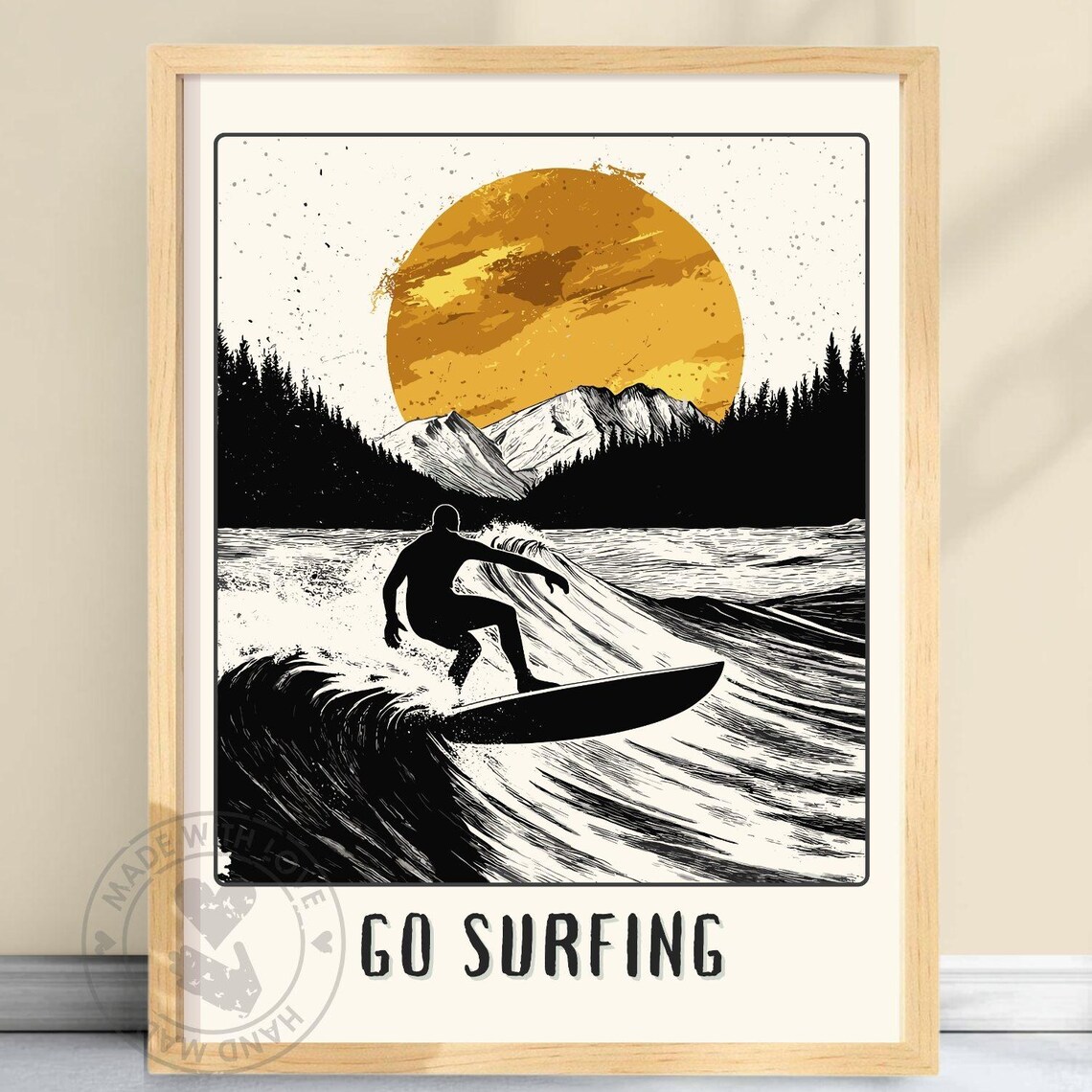 Black and Gold Surfer Silhouette Riding a Wave at Sunset Poster