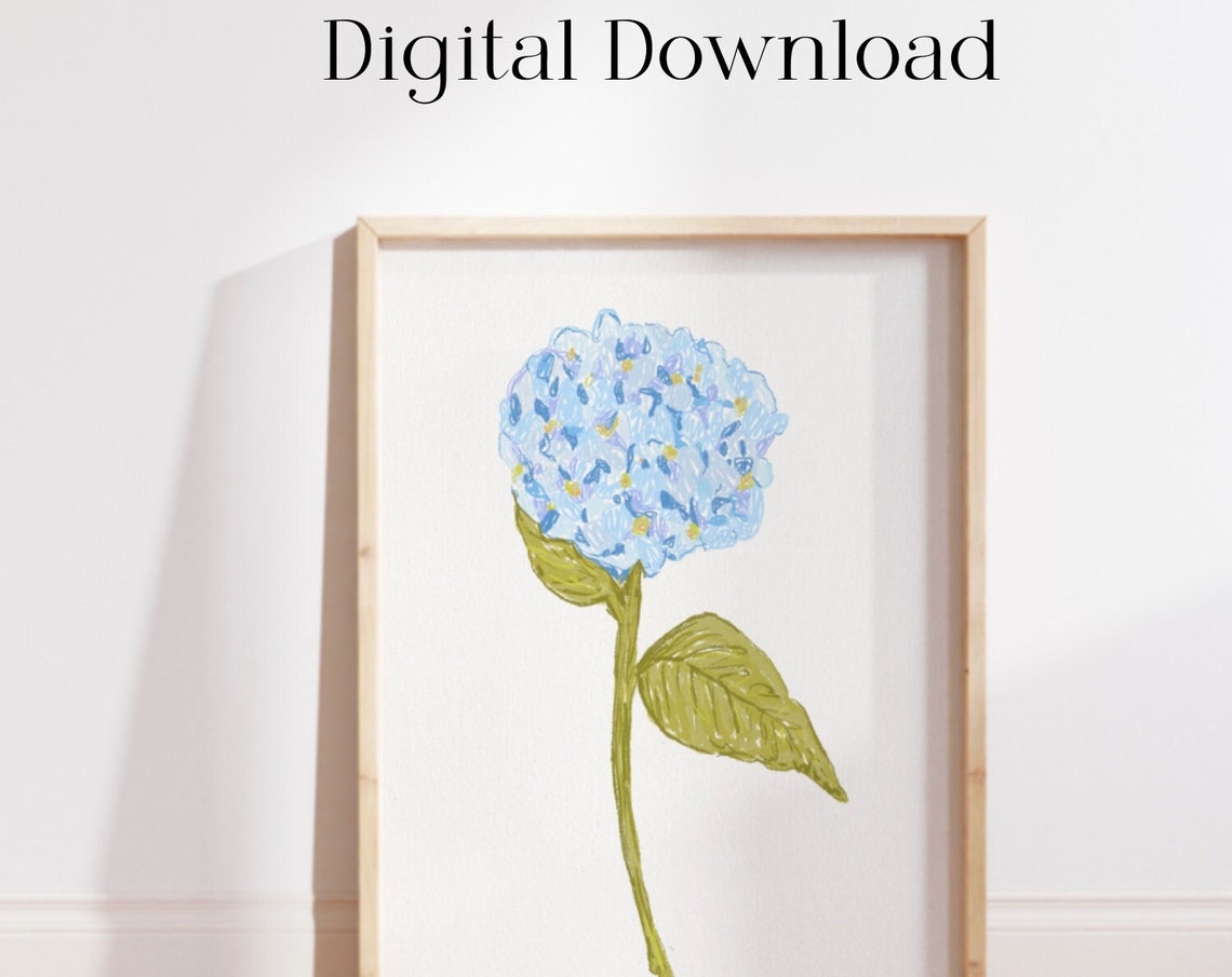 Blue Hydrangea Bloom Watercolor Tall Green Stem Botanical Print - Image 3