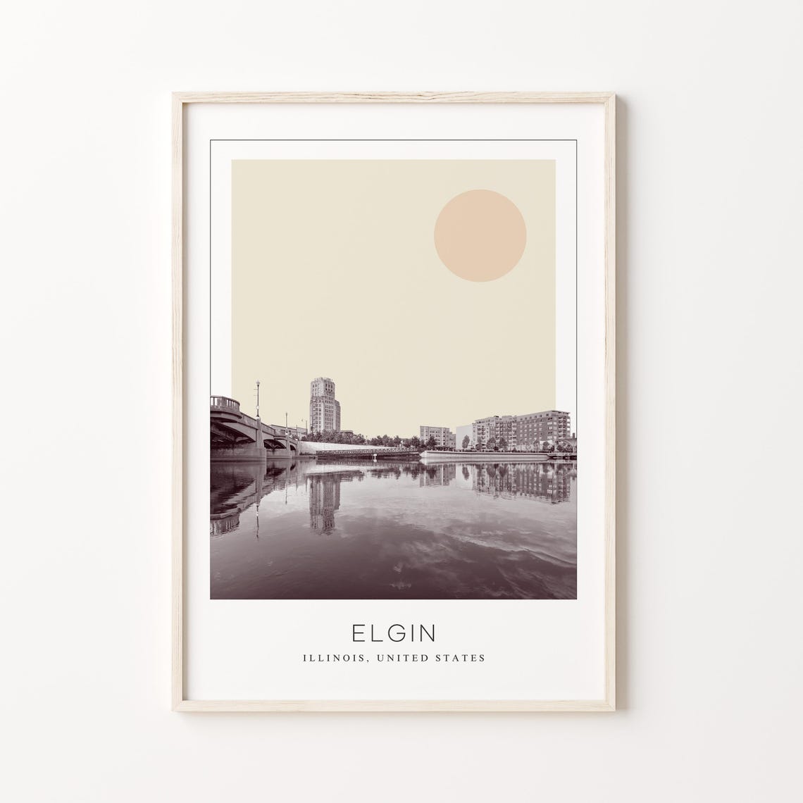 Elgin Illinois Riverside Skyline with Bridge Reflection Travel Poster