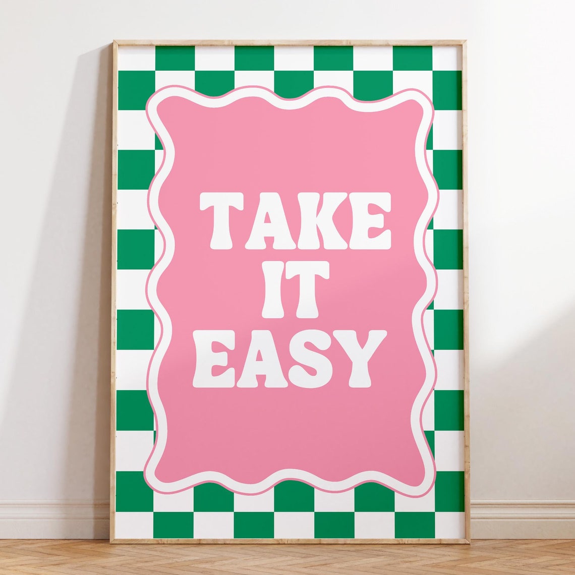 Take It Easy Retro Pink Groovy Checkerboard Quote Art Poster