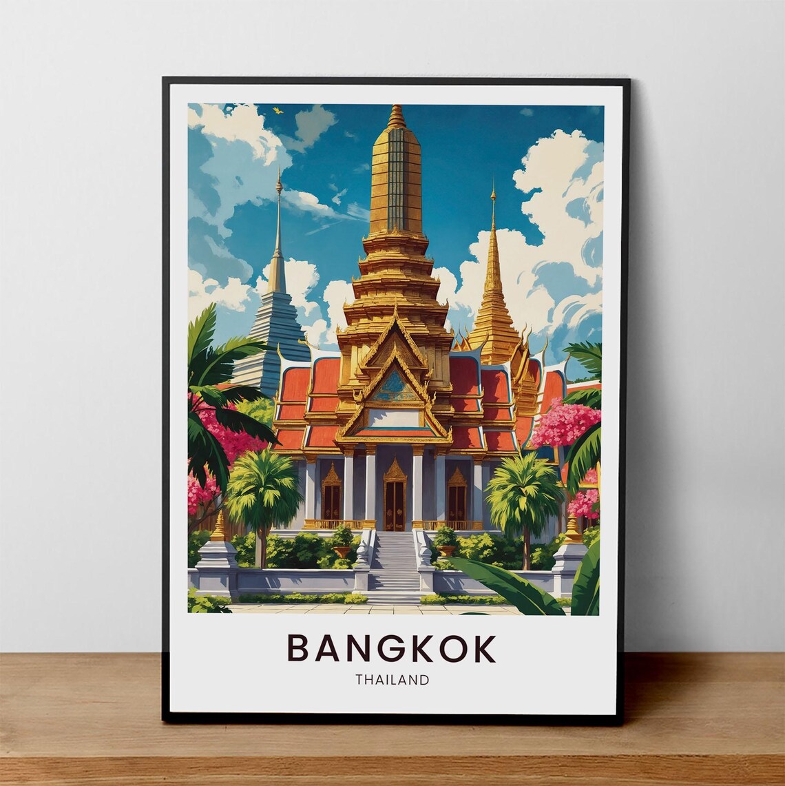 Bangkok Thailand Golden Temple Spires Vintage Asia Travel Poster