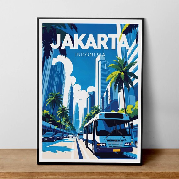 Jakarta Indonesia Modern Skyline Palm Tree Avenue Travel Poster