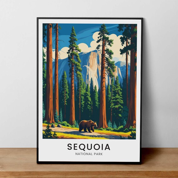 Sequoia National Park Giant Redwoods and Bear Vintage Travel Poster