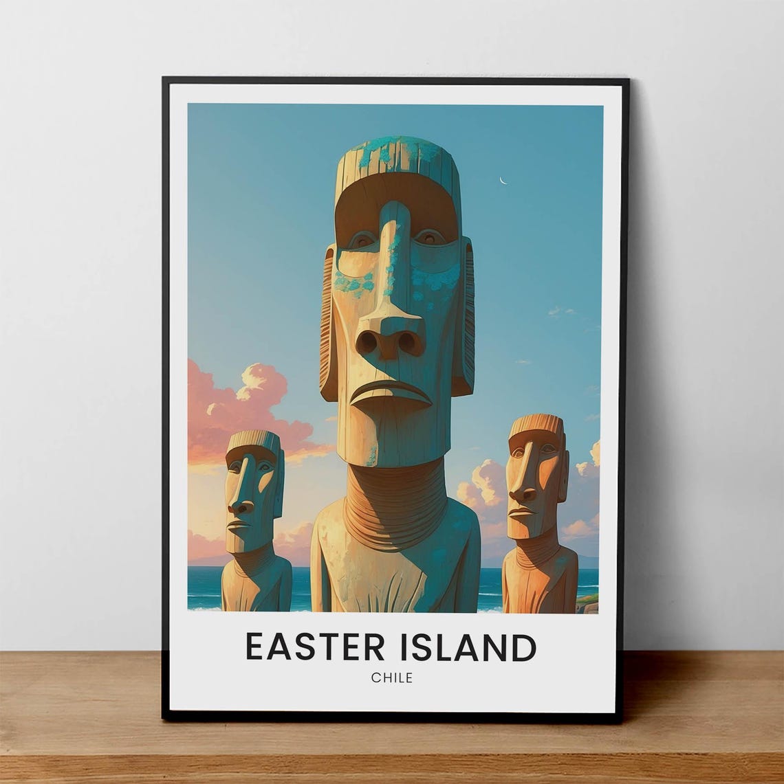 Easter Island Chile Moai Statues Sunset Ocean Vintage View Poster