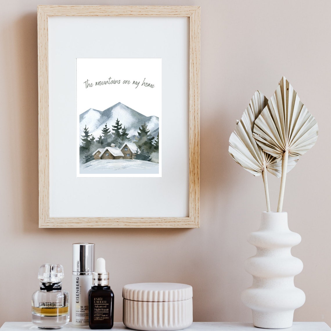 Winter Watercolor Quote Mountains Are My Home Mountains And Cabin Print - Image 3