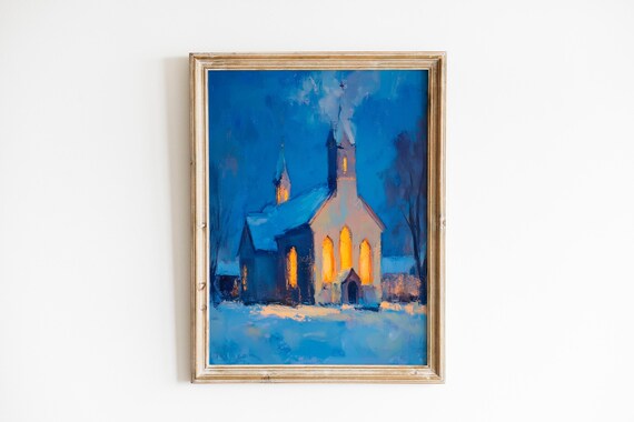 Snowy Church At Dusk With Glowing Windows Winter Painting Poster