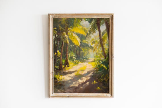 Tropical Forest Path Wall Art Sunlit Palm Trees Moody Landscape Painting Lush Greenery Serene Nature Scene Print 857