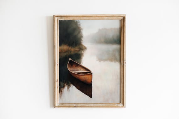 Moody Rustic Canoe On Mirror Lake Vintage Serene Landscape Art Earthy Minimalist Wall Decor Realistic Reflection 386