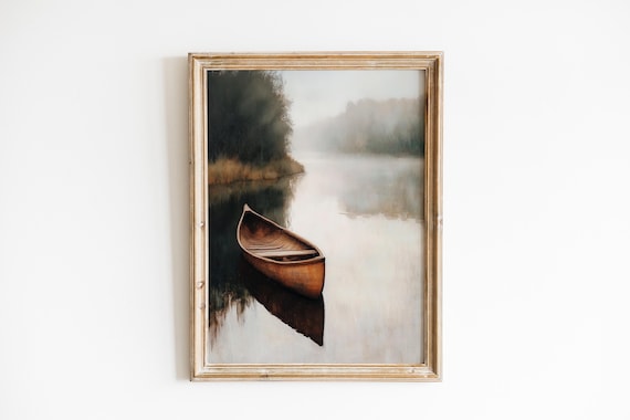 Rustic Wooden Canoe Mirror Lake Misty Morning Minimalist Art Poster