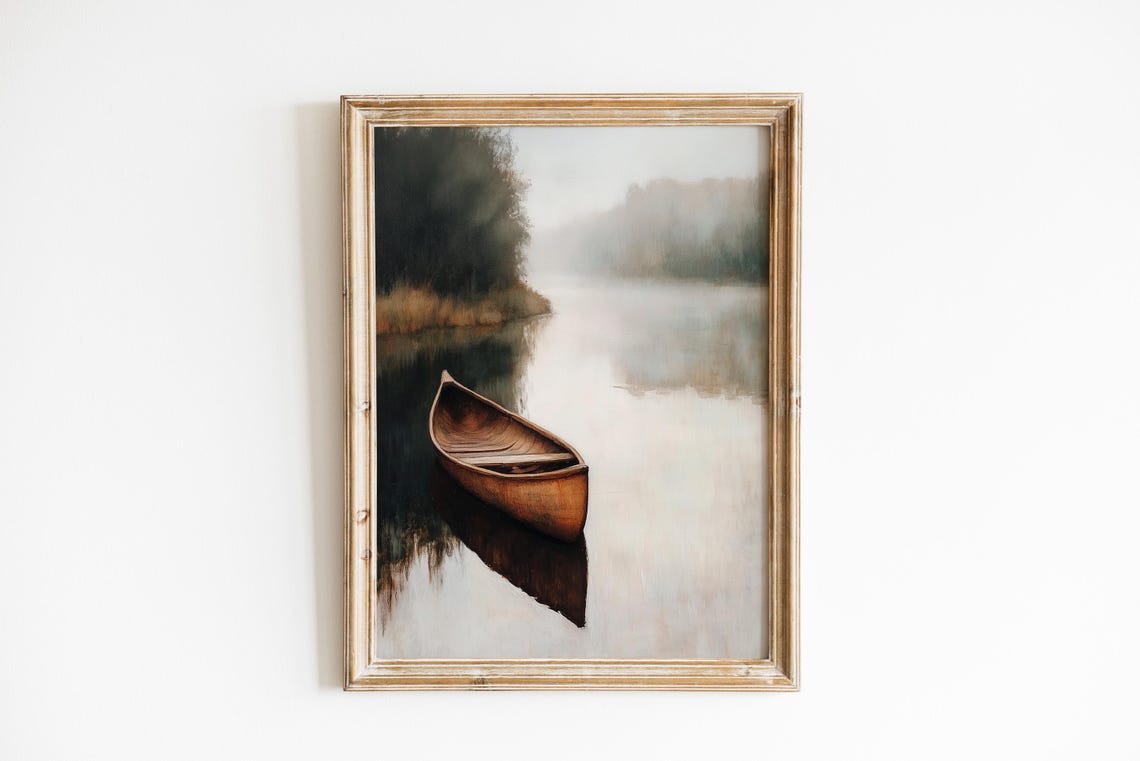 Rustic Wooden Canoe Mirror Lake Misty Morning Minimalist Art Poster