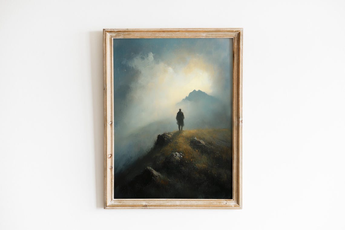 Lone Wanderer on Misty Hilltop Moody Sunrise Oil Painting Poster