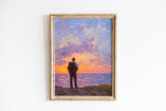 Moody Traveler At Sunset Romantic Wall Art Serene Silhouette Facing Horizon Earthy Oil Painting Style 427