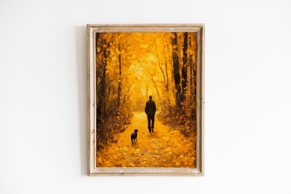 Man Walking Dog Down Golden Autumn Forest Path Impressionist Poster