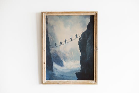 Moody Waterfall Bridge Landscape Painting Travelers Cross Rope Dramatic Nature Art Cool Blue Silhouettes 906