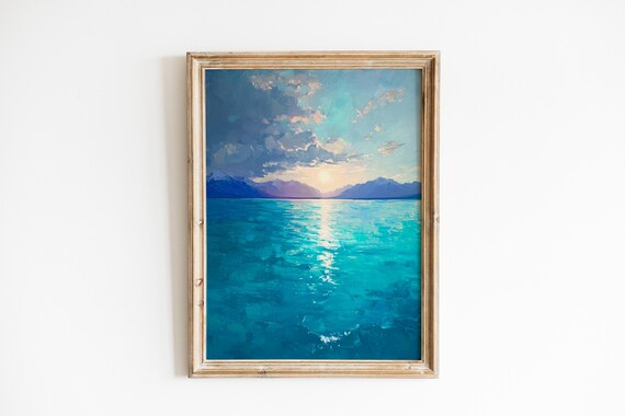 Serene Sunrise Over Lake Tekapo Painting Tranquil Turquoise Art Moody Landscape Decor Wall 324