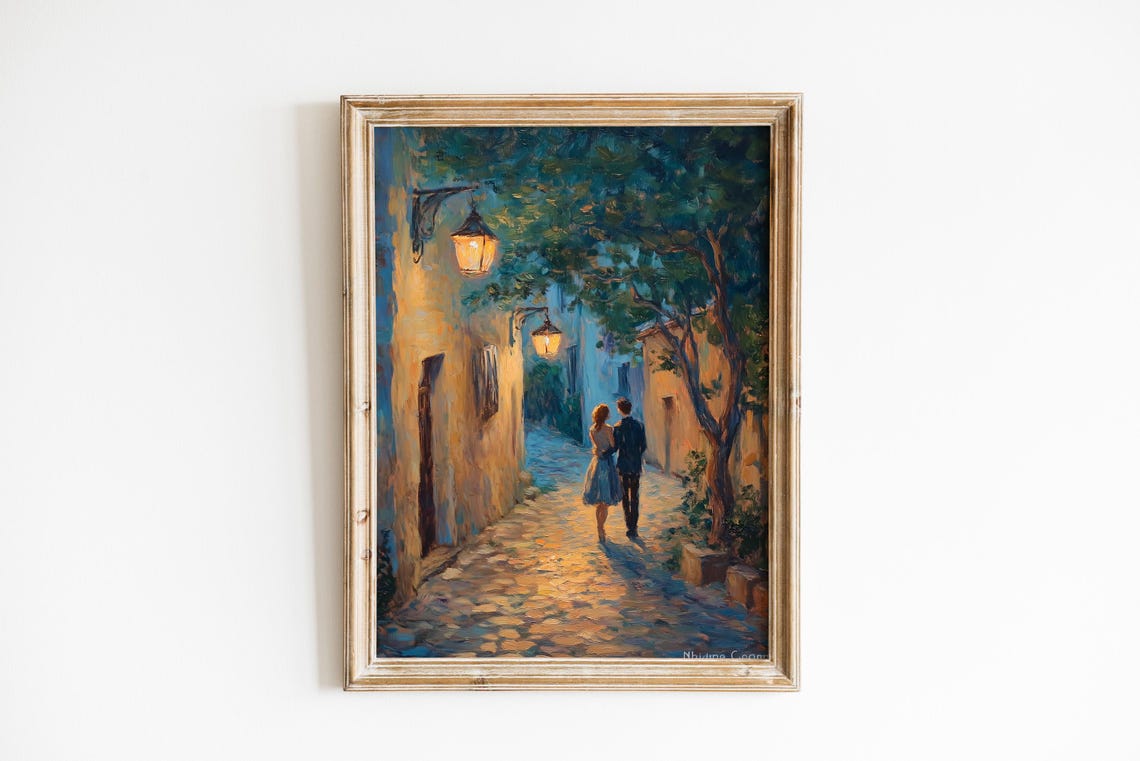 Romantic Couple Strolling Lanternlit Cobblestone Alley Night Art Print