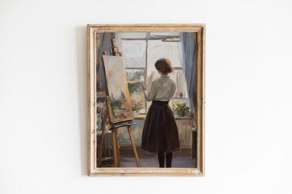 Woman Artist Easel Window Studio Impressionist Oil Painting Wall Art