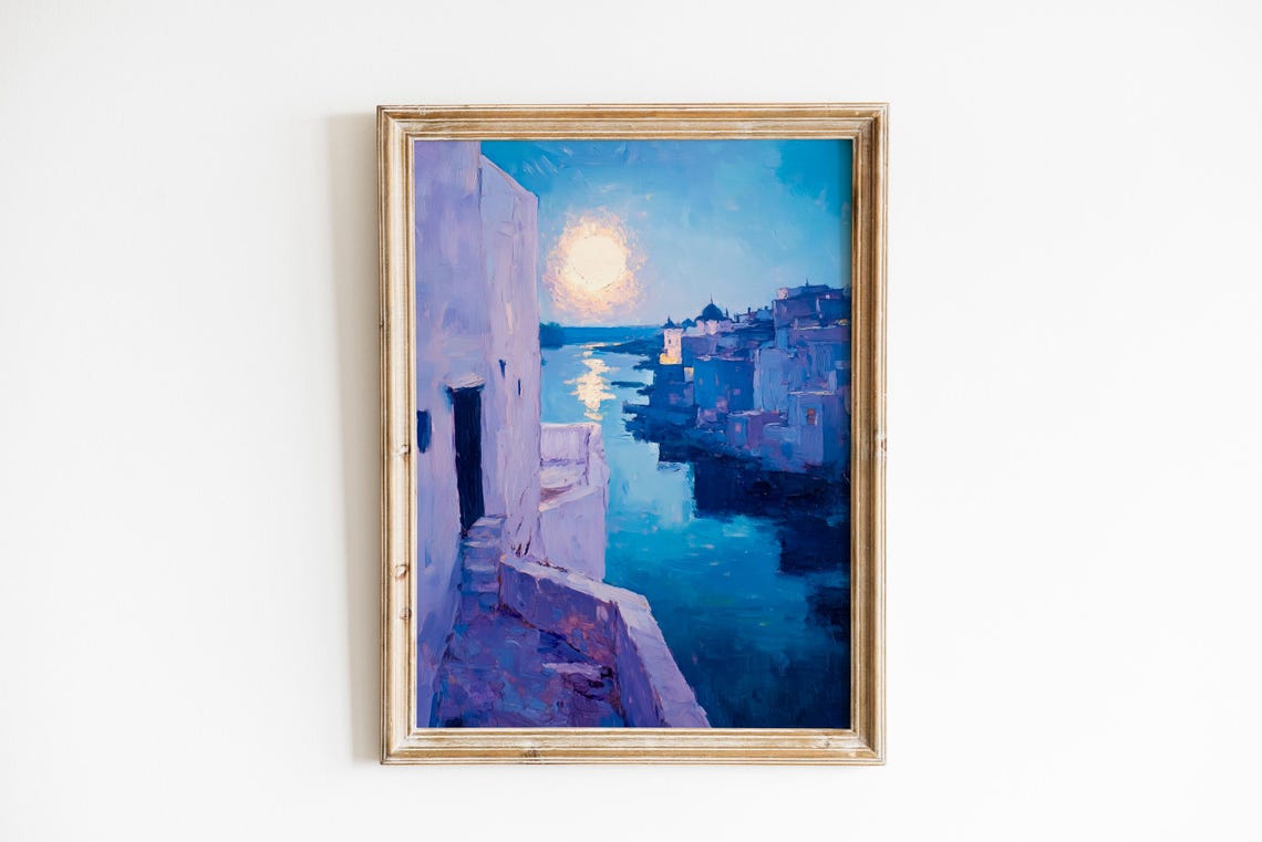 Moonlit Canal Rooftop Whitewashed Town Night Painting Poster