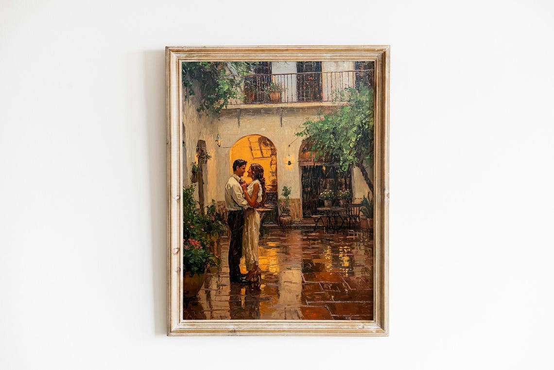 Romantic Couple Dancing in Rainy Vintage Courtyard Art Print
