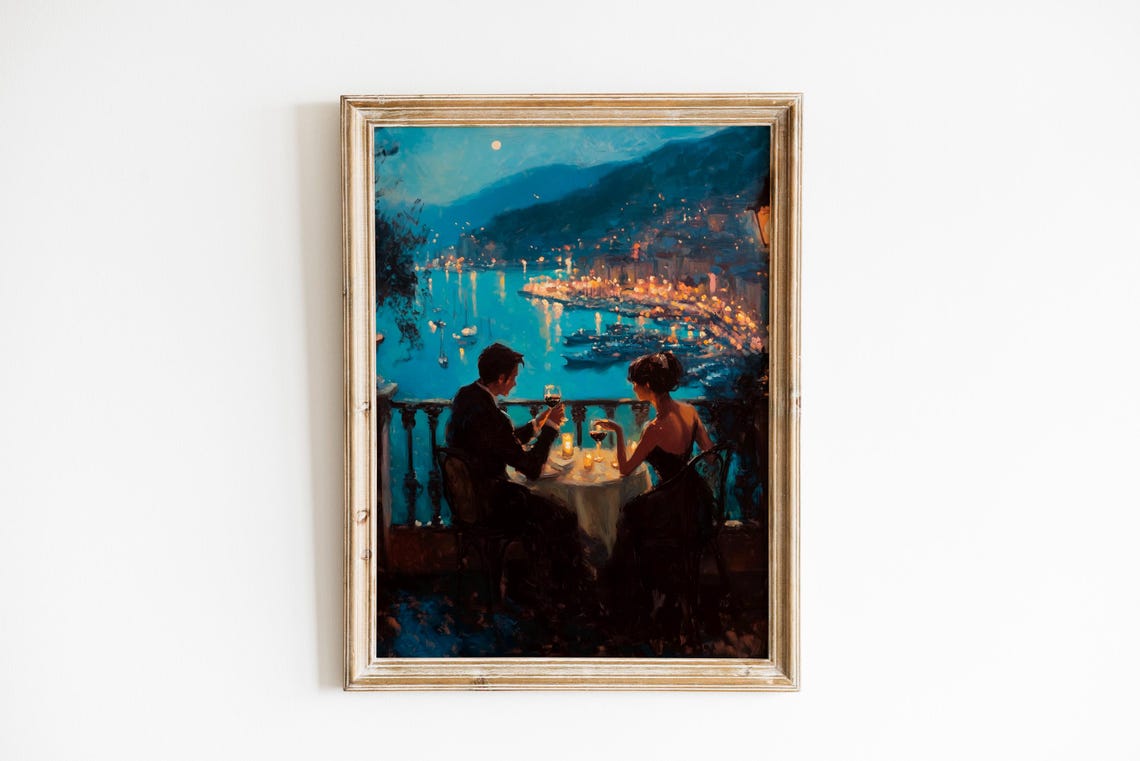 Romantic Couple Wine on Balcony Overlooking Harbor Lights Art Print
