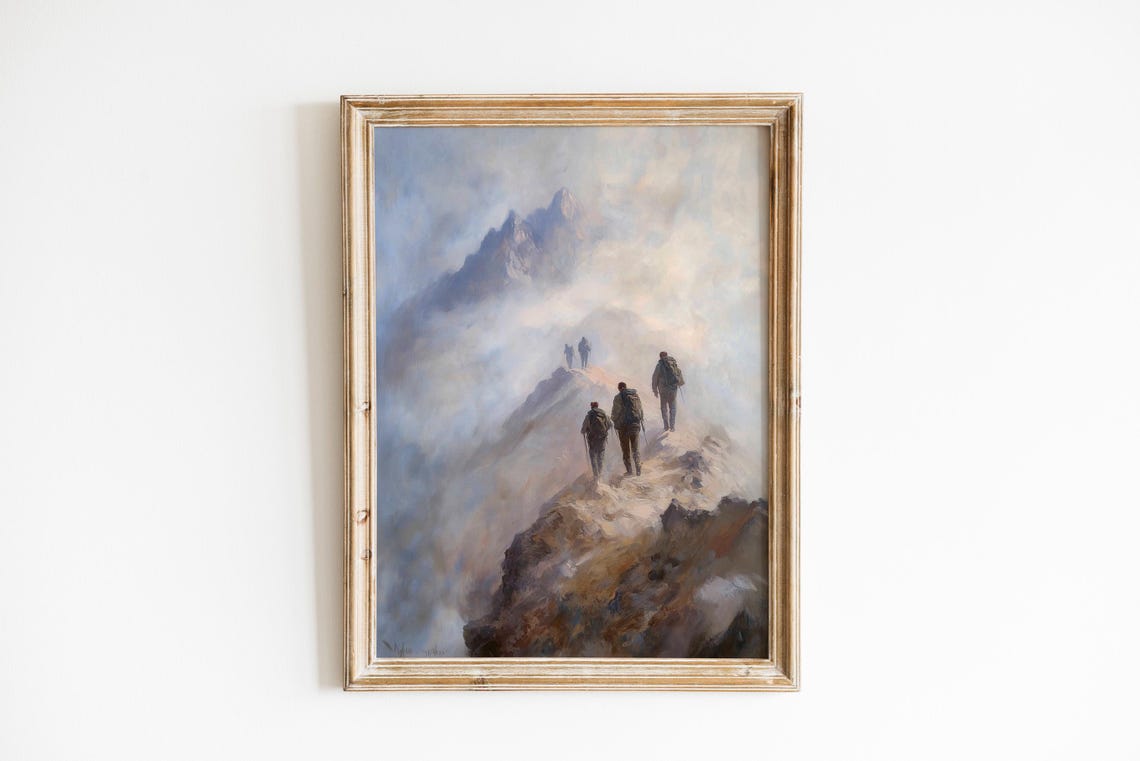 Hikers on a Misty Mountain Ridge Dramatic Oil Painting Wall Art